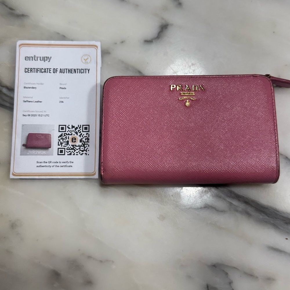 Prada Saffiano Compact Wallet Pink w/ Zip Coin – Entrupy COA